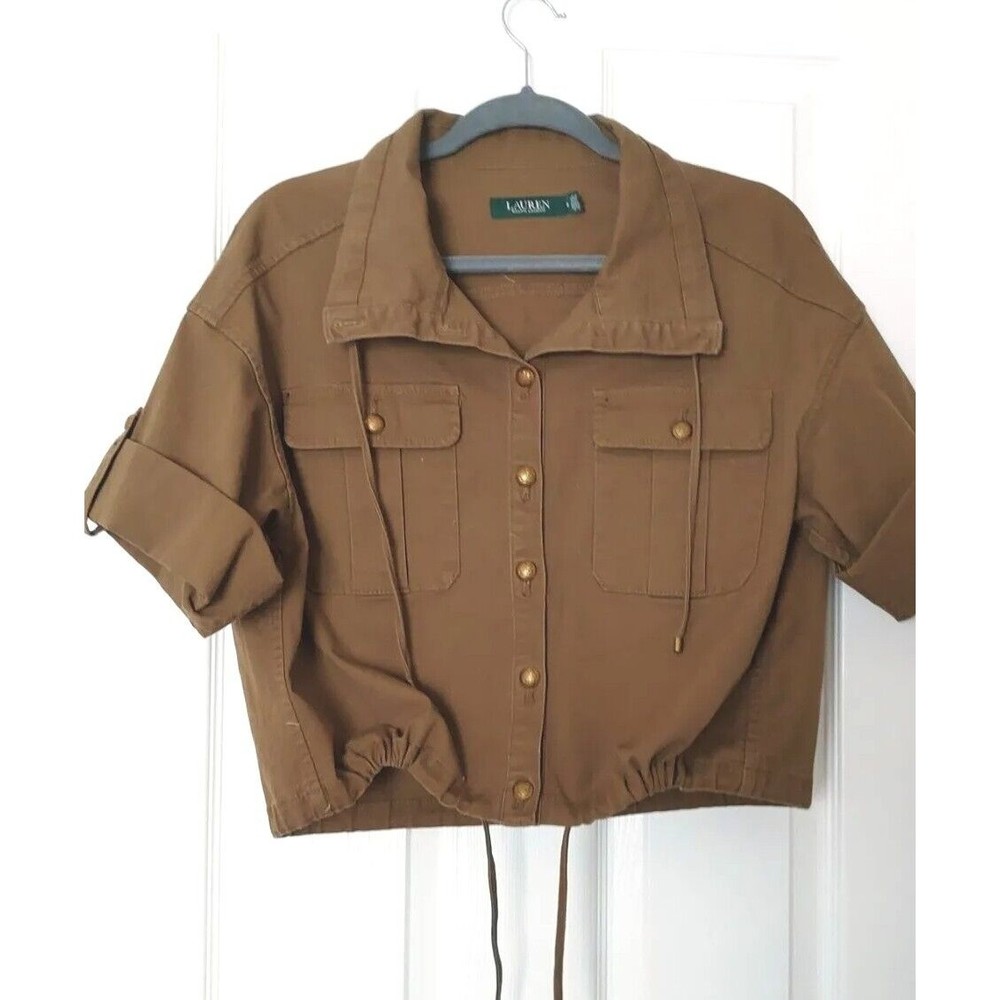 Nwot Lauren Ralph Lauren Women's Cropped Cotton Shirt Button Up Tan Brown Size 6